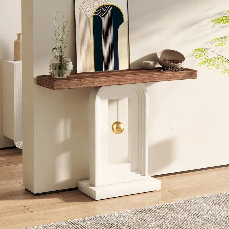 Modern Console Table with Geometric Base, 39.4 inch Narrow Sofa Table with Gold Decor for Living Room Entryway Hallway Entrance