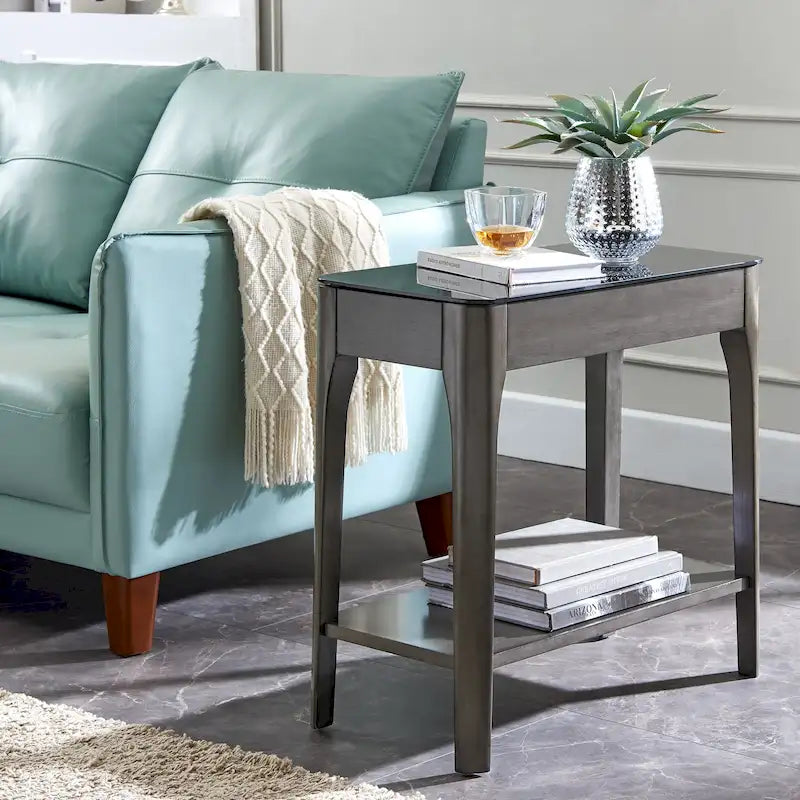 Table d'appoint étroite Copper Grove Hemer avec plateau en verre noir