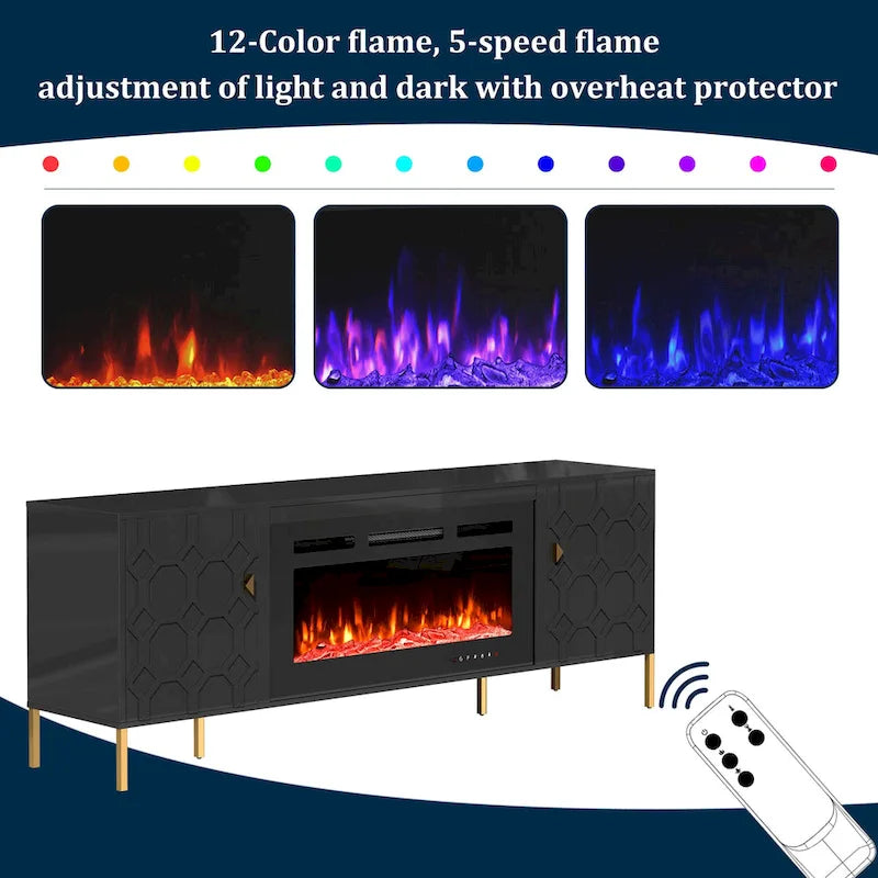 Clihome High Gloss Storage 70 TV Stand with 36 Electric Fireplace