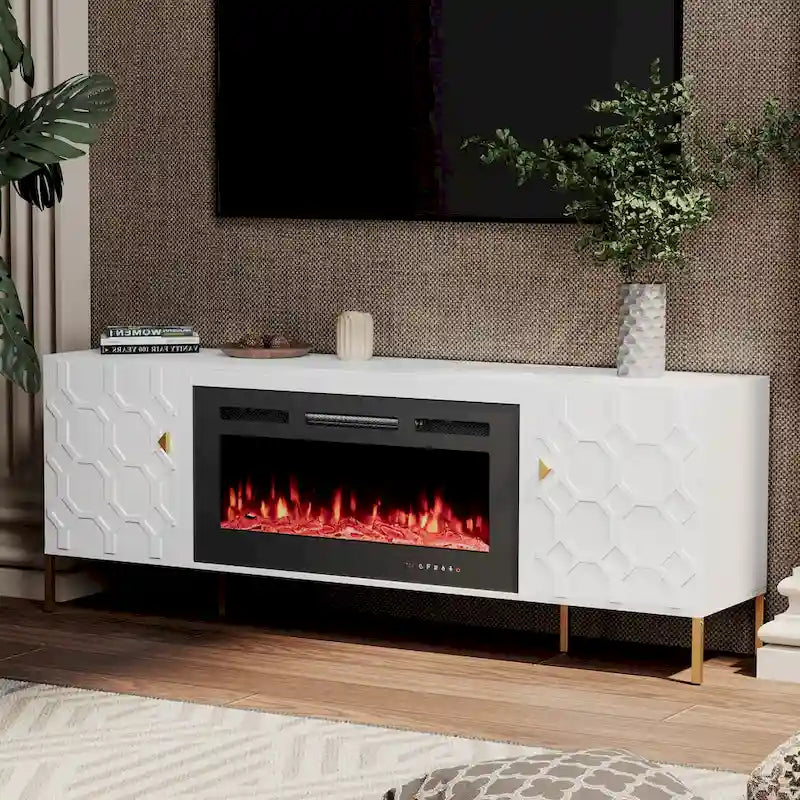 Clihome High Gloss Storage 70 TV Stand with 36 Electric Fireplace