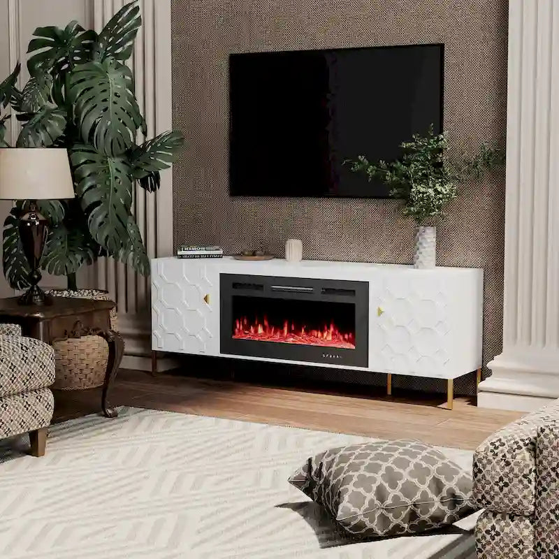Clihome High Gloss Storage 70 TV Stand with 36 Electric Fireplace