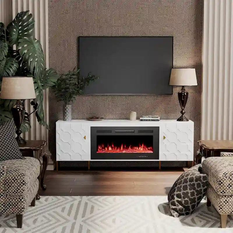 Clihome High Gloss Storage 70 TV Stand with 36 Electric Fireplace