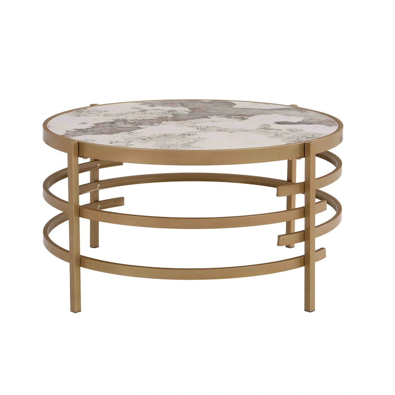32.48 Table basse ronde moderne avec plateau en pierre frittée et cadre métallique robuste