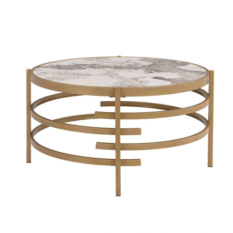 32.48 Table basse ronde moderne avec plateau en pierre frittée et cadre métallique robuste