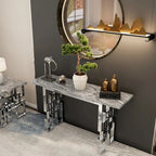 Console moderne Table de canapé de 140 cm avec plateau haute brillance et base en métal miroir pour entrée et salon