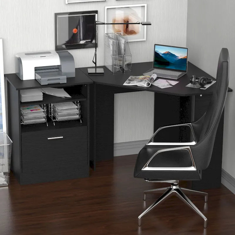 Bureau informatique HOMCOM avec armoire pour imprimante, bureau d'angle en L avec rangements, poste de travail PC pour bureau à domicile