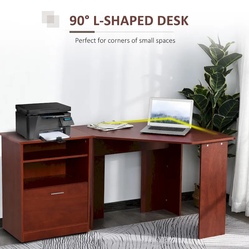 Bureau informatique HOMCOM avec armoire pour imprimante, bureau d'angle en L avec rangements, poste de travail PC pour bureau à domicile