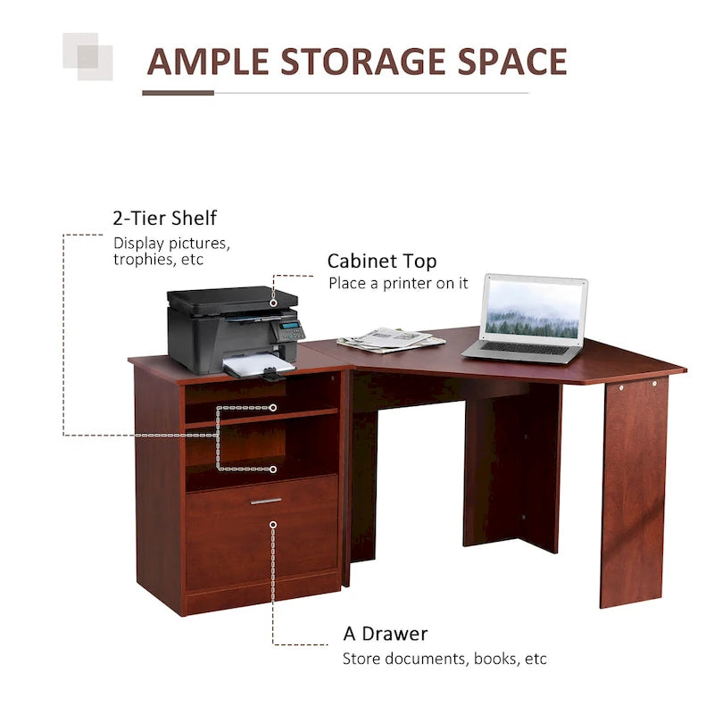 Bureau informatique HOMCOM avec armoire pour imprimante, bureau d'angle en L avec rangements, poste de travail PC pour bureau à domicile