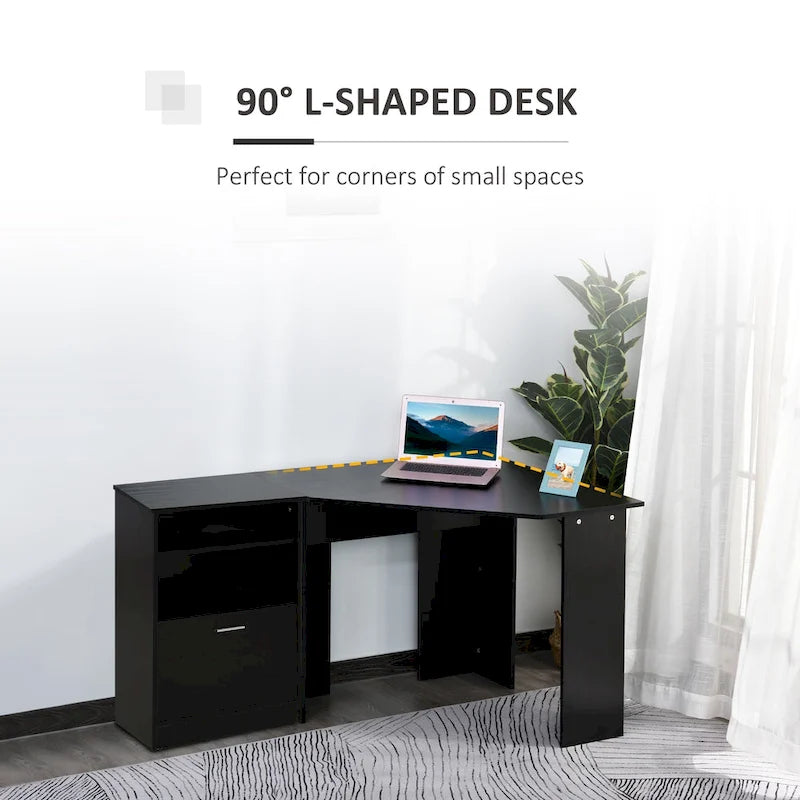 Bureau informatique HOMCOM avec armoire pour imprimante, bureau d'angle en L avec rangements, poste de travail PC pour bureau à domicile