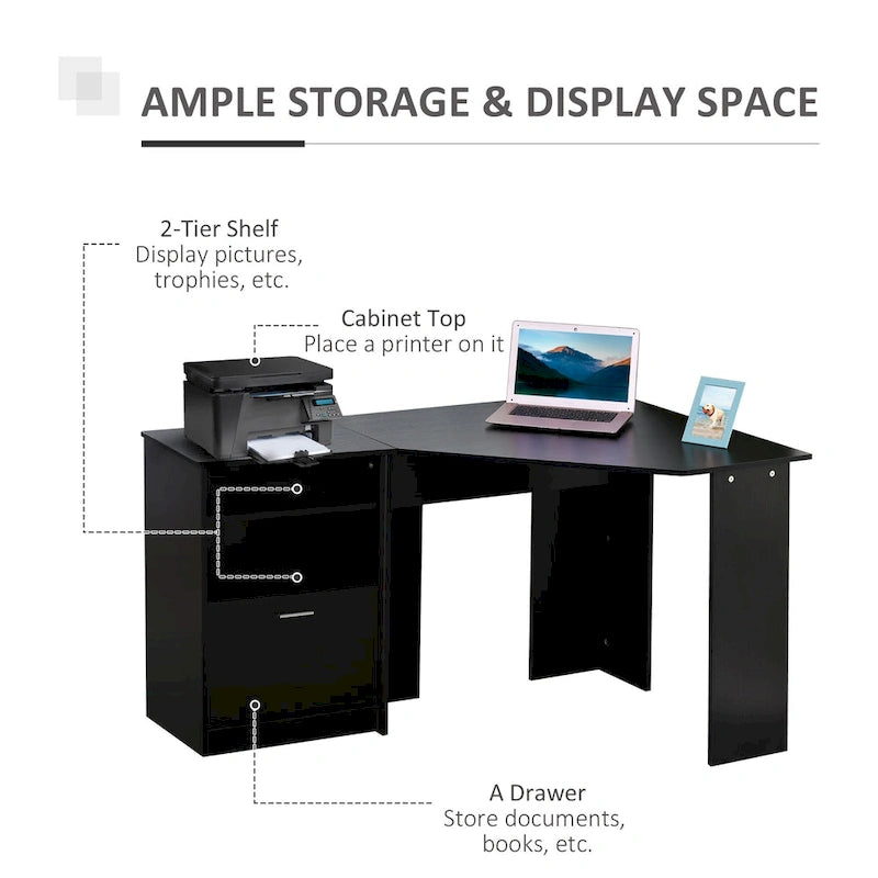 Bureau informatique HOMCOM avec armoire pour imprimante, bureau d'angle en L avec rangements, poste de travail PC pour bureau à domicile