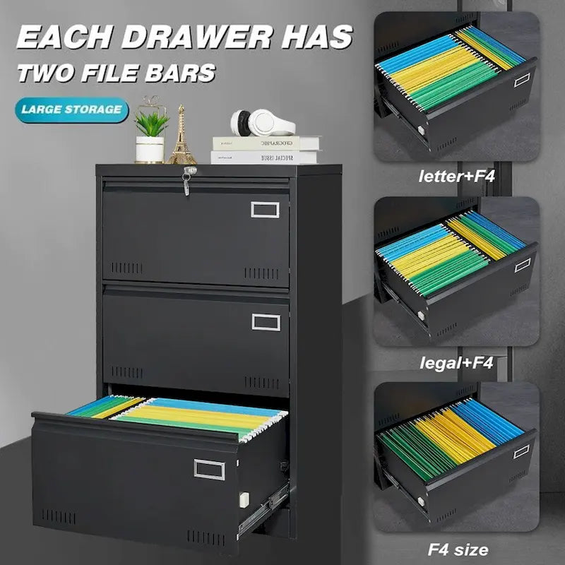 Metal Lateral 3 Drawer File Cabinet with Lock