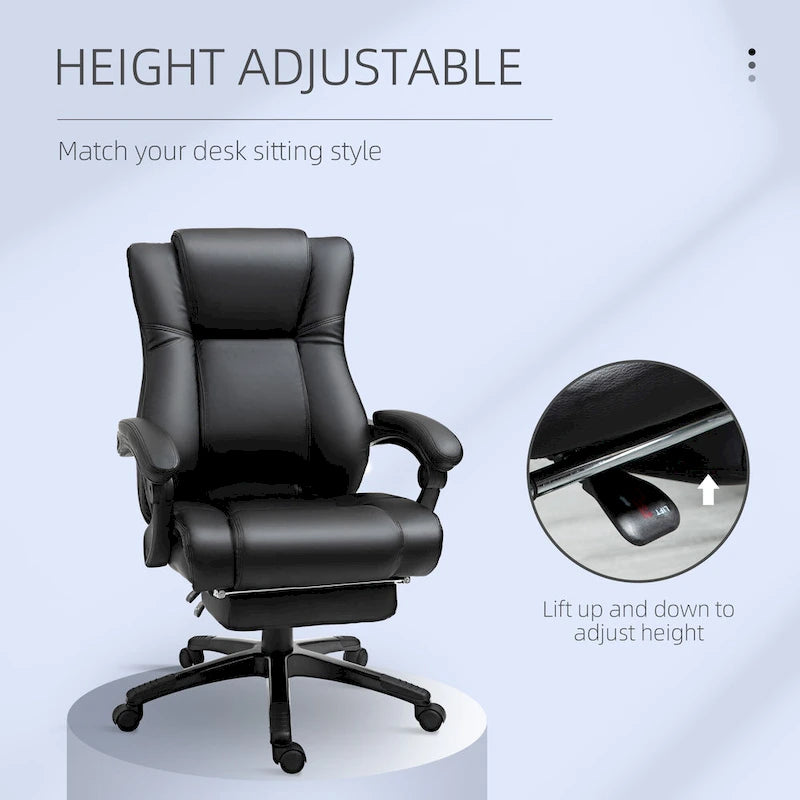 Vinsetto Executive Home Office Chair Padded High Back PU Leather Recliner with Retractable Footrest, Adjustable Height, Black