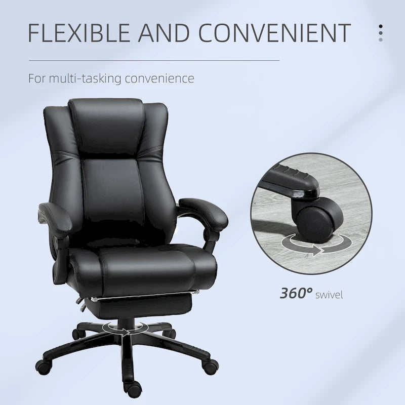 Vinsetto Executive Home Office Chair Padded High Back PU Leather Recliner with Retractable Footrest, Adjustable Height, Black
