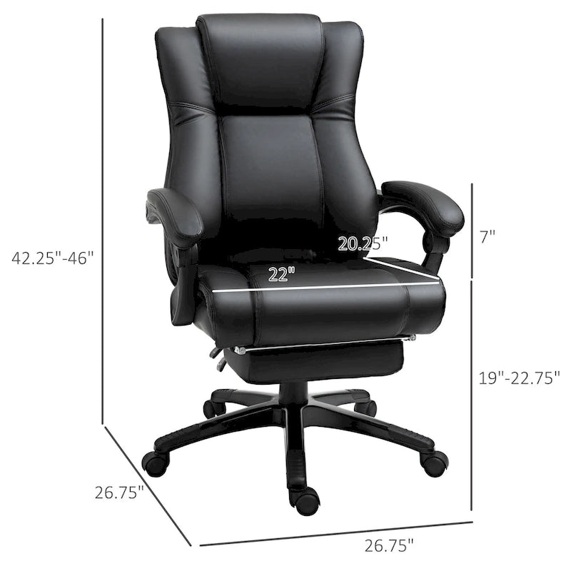 Vinsetto Executive Home Office Chair Padded High Back PU Leather Recliner with Retractable Footrest, Adjustable Height, Black