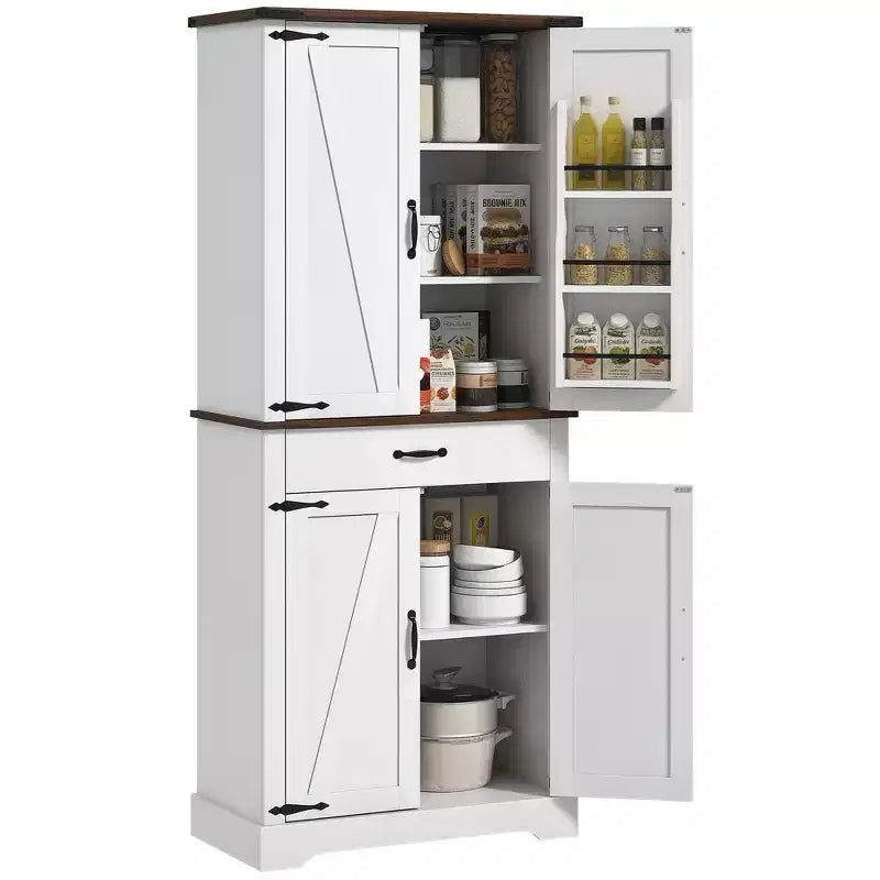 HOMCOM Tall Kitchen Pantry Cabinet, Farmhouse Storage Cabinet with Barn Doors, 6 Door Shelves, Drawer, Adjustable Shelves, Freestanding Cupboard
