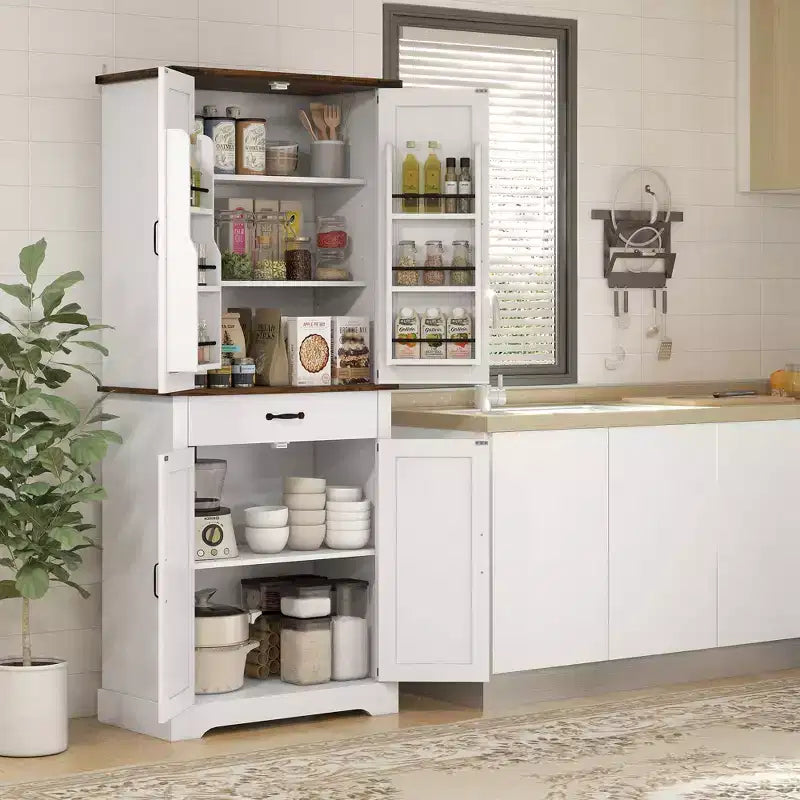 HOMCOM Armoire de cuisine haute, Meuble de rangement de style ferme avec portes coulissantes, 6 étagères de porte, tiroir, étagères réglables, Armoire sur pied