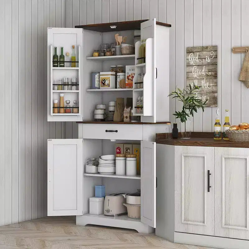 HOMCOM Armoire de cuisine haute, Meuble de rangement de style ferme avec portes coulissantes, 6 étagères de porte, tiroir, étagères réglables, Armoire sur pied