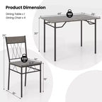 Costway Ensemble de 5 pièces de table de salle à manger pour 4 personnes, table de cuisine rectangulaire et 4 chaises avec cadre en métal gris ciment/noir