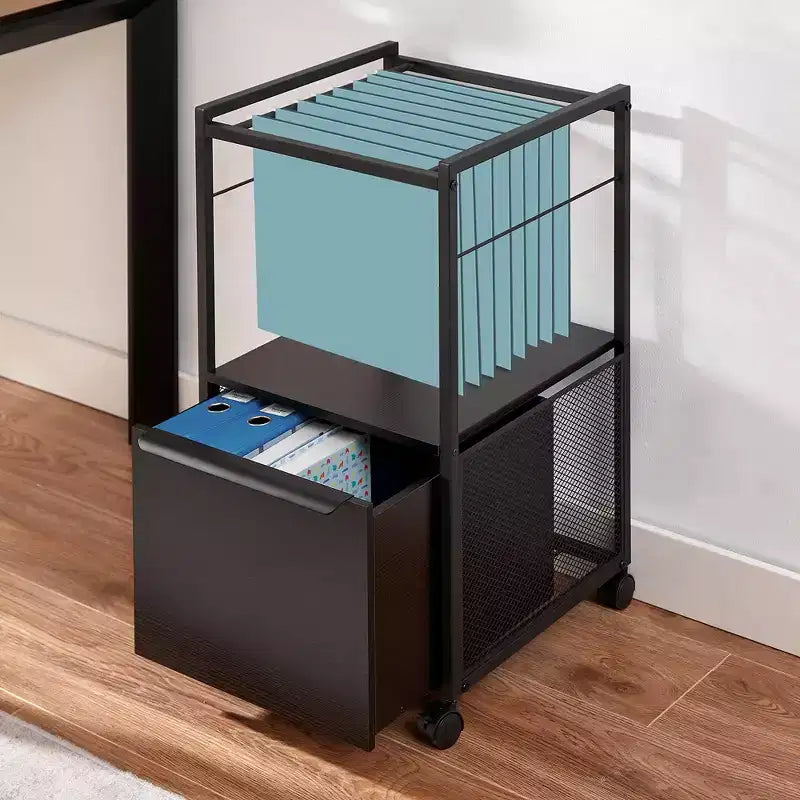 Meuble de classement VECELO avec 1 tiroir, meuble de bureau mobile roulant avec rangement ouvert compatible A4, cadre en métal