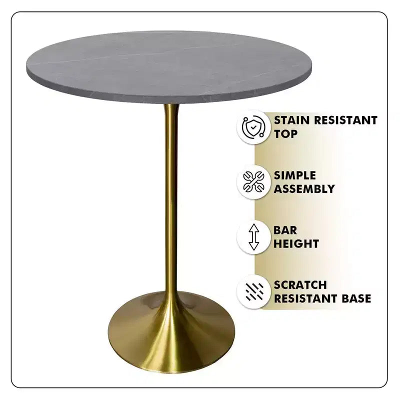 Table à manger ronde Leisuremod Verve 27 de hauteur bar – Plateau en pierre avec base piédestal en or brossé, table de hauteur comptoir pour cuisine, maison et pub