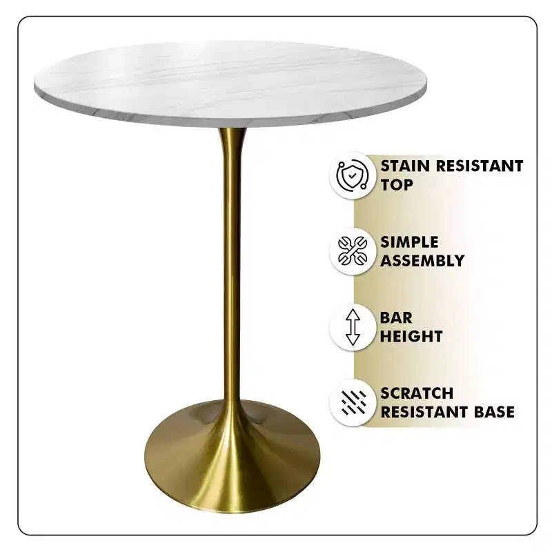 Table à manger ronde Leisuremod Verve 27 de hauteur bar – Plateau en pierre avec base piédestal en or brossé, table de hauteur comptoir pour cuisine, maison et pub