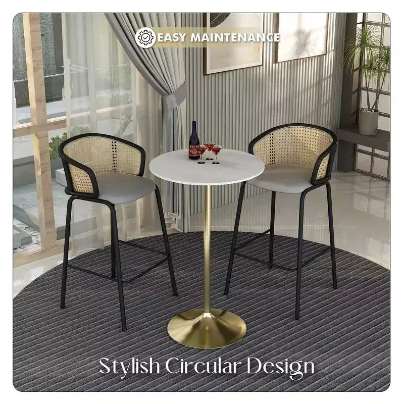 Table à manger ronde Leisuremod Verve 27 de hauteur bar – Plateau en pierre avec base piédestal en or brossé, table de hauteur comptoir pour cuisine, maison et pub