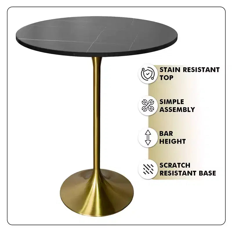 Table à manger ronde Leisuremod Verve 27 de hauteur bar – Plateau en pierre avec base piédestal en or brossé, table de hauteur comptoir pour cuisine, maison et pub