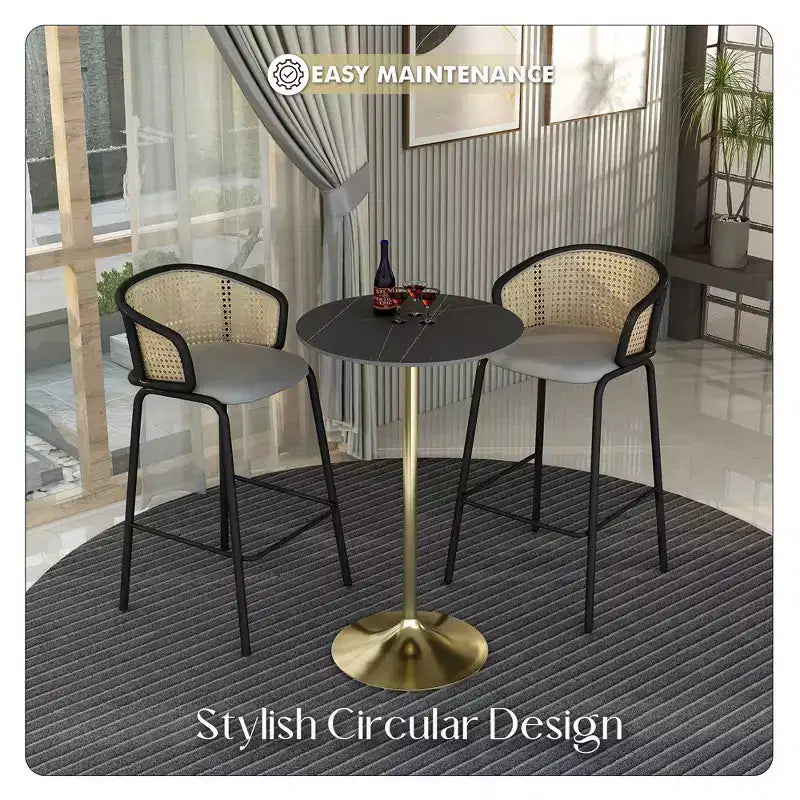 Table à manger ronde Leisuremod Verve 27 de hauteur bar – Plateau en pierre avec base piédestal en or brossé, table de hauteur comptoir pour cuisine, maison et pub