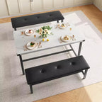 Ensemble table à manger pour 4, Table de cuisine avec 2 bancs rembourrés, Ensemble table de cuisine rectangulaire, pour petits espaces, appartement, studio, marbre blanc