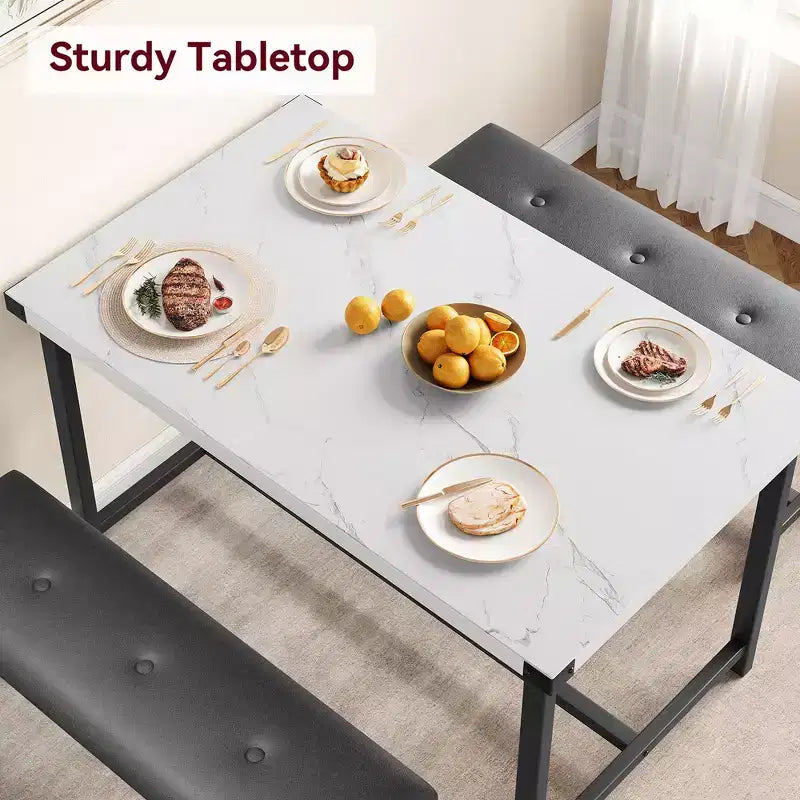 Ensemble table à manger pour 4, Table de cuisine avec 2 bancs rembourrés, Ensemble table de cuisine rectangulaire, pour petits espaces, appartement, studio, marbre blanc