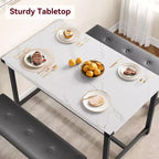 Ensemble table à manger pour 4, Table de cuisine avec 2 bancs rembourrés, Ensemble table de cuisine rectangulaire, pour petits espaces, appartement, studio, marbre blanc