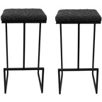LeisureMod Quincy Modern Quilted Leather Bar Stool  Black Metal Frame Counter Height Chair for Kitchen Island and Counter Seating, Set of 2