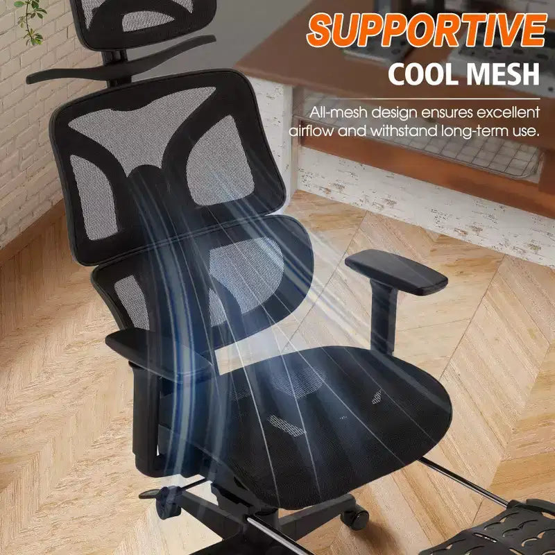 Chaise de bureau ergonomique pivotante VECELO à dossier haut en maille avec repose-pieds rétractable, noire