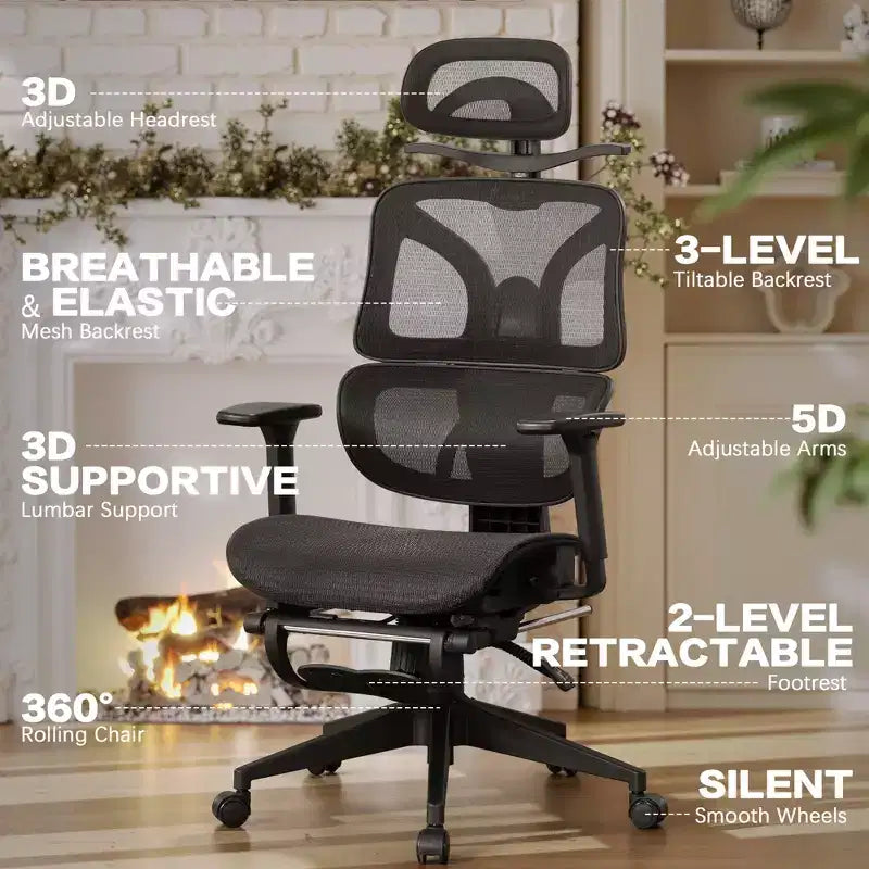 Chaise de bureau ergonomique pivotante VECELO à dossier haut en maille avec repose-pieds rétractable, noire