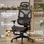 Chaise de bureau ergonomique pivotante VECELO à dossier haut en maille avec repose-pieds rétractable, noire