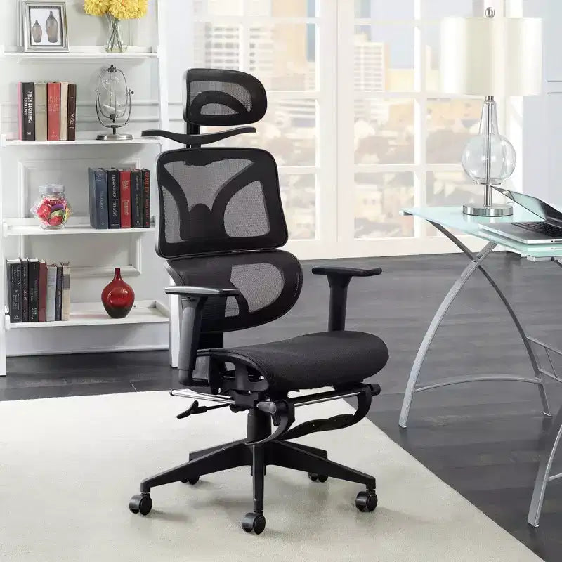 Chaise de bureau ergonomique pivotante VECELO à dossier haut en maille avec repose-pieds rétractable, noire