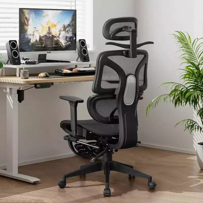 Chaise de bureau ergonomique pivotante VECELO à dossier haut en maille avec repose-pieds rétractable, noire