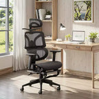 Chaise de bureau ergonomique pivotante VECELO à dossier haut en maille avec repose-pieds rétractable, noire