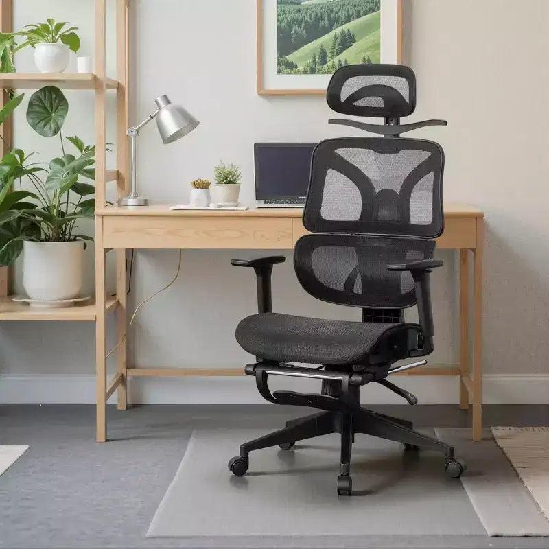 Chaise de bureau ergonomique pivotante VECELO à dossier haut en maille avec repose-pieds rétractable, noire
