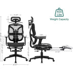 Chaise de bureau ergonomique pivotante VECELO à dossier haut en maille avec repose-pieds rétractable, noire