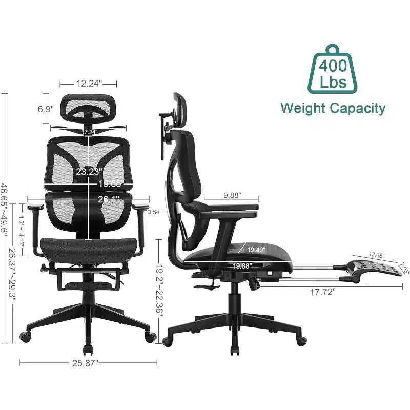 Chaise de bureau ergonomique pivotante VECELO à dossier haut en maille avec repose-pieds rétractable, noire