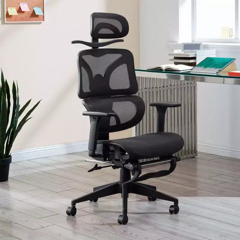 Chaise de bureau ergonomique pivotante VECELO à dossier haut en maille avec repose-pieds rétractable, noire