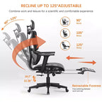 Chaise de bureau ergonomique pivotante VECELO à dossier haut en maille avec repose-pieds rétractable, noire