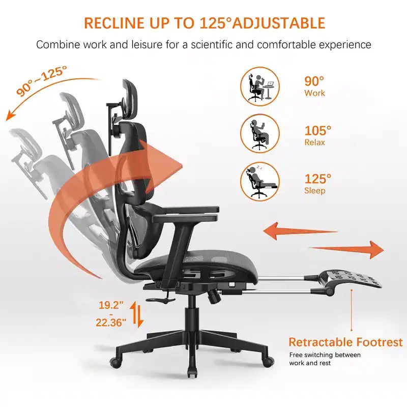 Chaise de bureau ergonomique pivotante VECELO à dossier haut en maille avec repose-pieds rétractable, noire