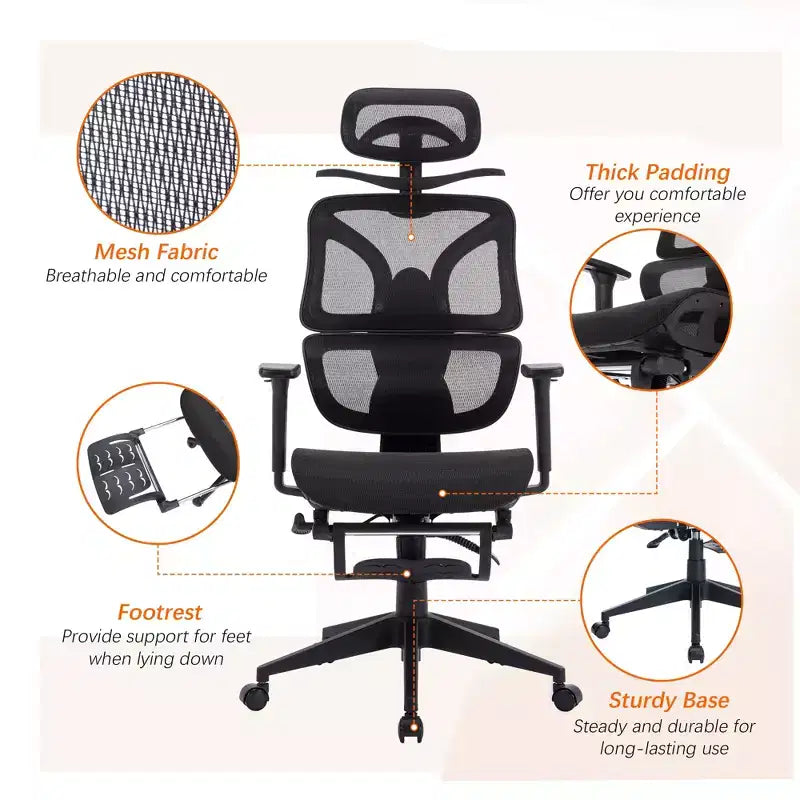 Chaise de bureau ergonomique pivotante VECELO à dossier haut en maille avec repose-pieds rétractable, noire