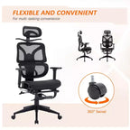 Chaise de bureau ergonomique pivotante VECELO à dossier haut en maille avec repose-pieds rétractable, noire