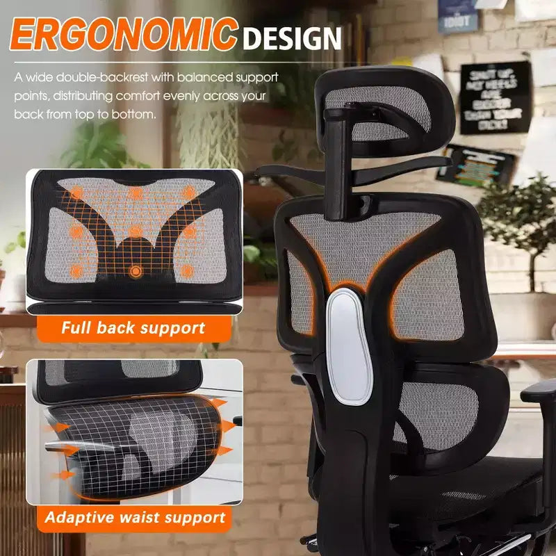 Chaise de bureau ergonomique pivotante VECELO à dossier haut en maille avec repose-pieds rétractable, noire