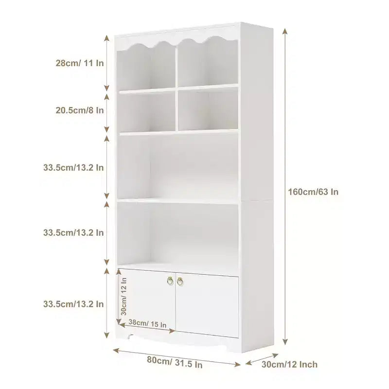 Bibliothèque blanche à 5 niveaux, étagère de 160 cm de hauteur avec étagères de rangement ouvertes et portes, étagères de rangement modernes sur pied en bois