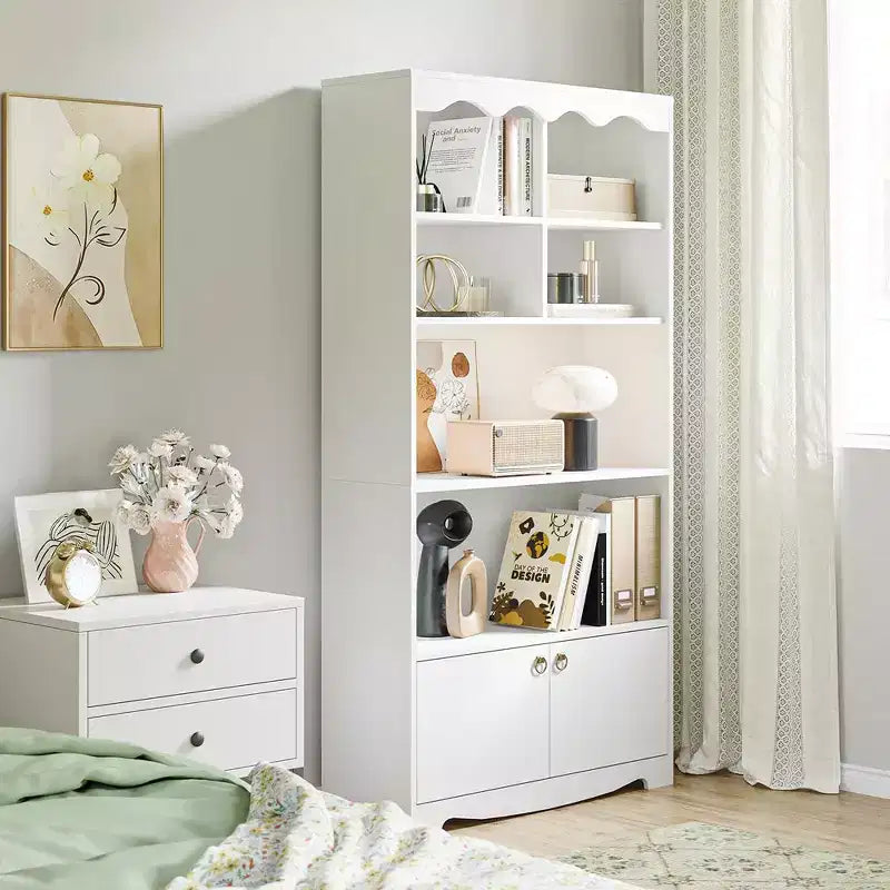 Bibliothèque blanche à 5 niveaux, étagère de 160 cm de hauteur avec étagères de rangement ouvertes et portes, étagères de rangement modernes sur pied en bois