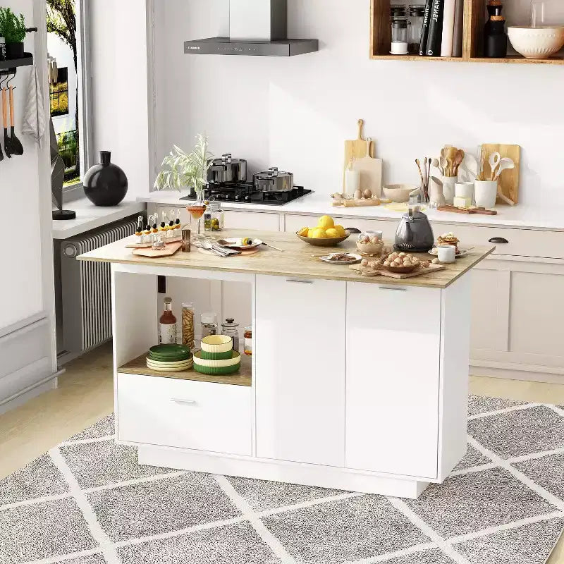 Îlot de cuisine Famapy en chêne blanc avec 2 portes et 1 tiroir